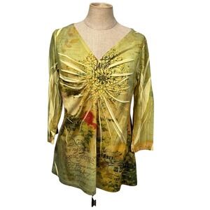 Y2K BLEU Chartreuse Fairy Grunge Graphic Top L Whimsical Boho Parisian Artsy VTG
